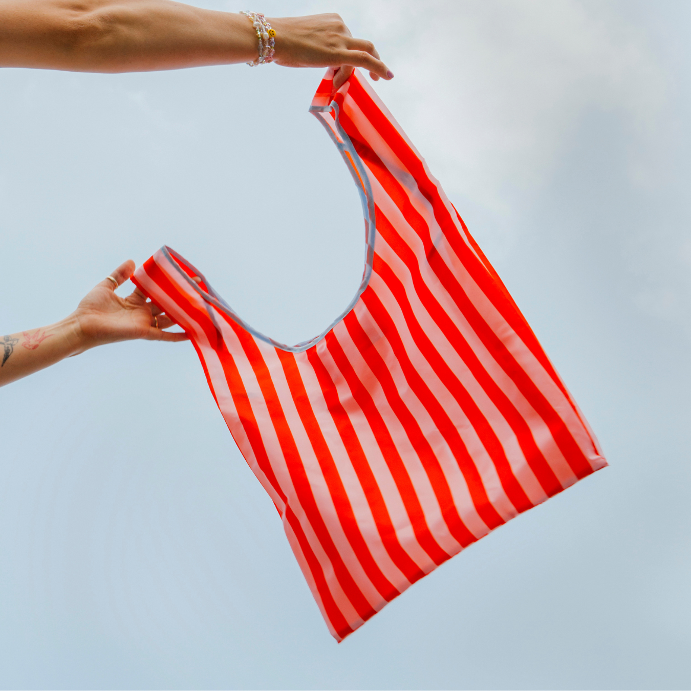 Pink & Red Stripes Foldable Nylon Tote