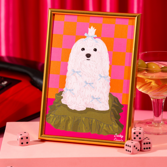 Dog with Bows on a Silk Pillow Portrait Print